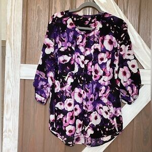 Beverly Drive Pink & Purple 3/4 Sleeve Top W/Mandarin Collar Top Pockets SIZE 2X